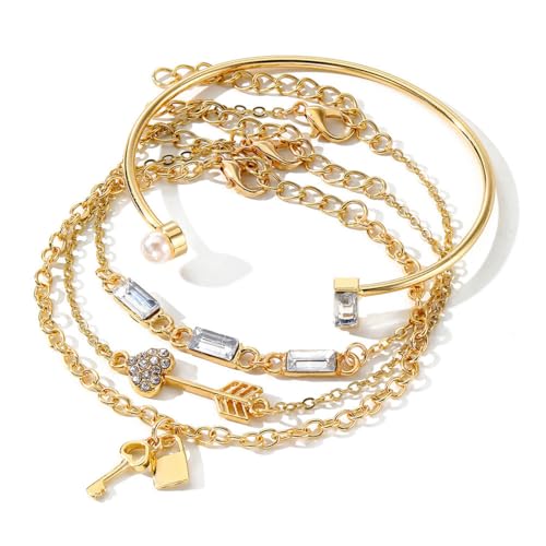 KEWUF 4 Piezas Pulseras Para Mujer, Pulseras Doradas, Joyas En Oro, Pulsera, Pulsera, Llave Y Candado, Decoraci贸n En Piedras Strass, Regalo Para Mujeres