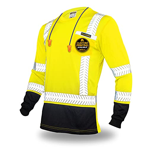 KwikSafety (Charlotte, NC Mechanic Long Sleeve (w/Pocket & Black Trim) Class 3 ANSI High Visibility Safety Shirt Fishbone Reflective Tape Construction Security Hi Vis Clothing Men | Yellow Small