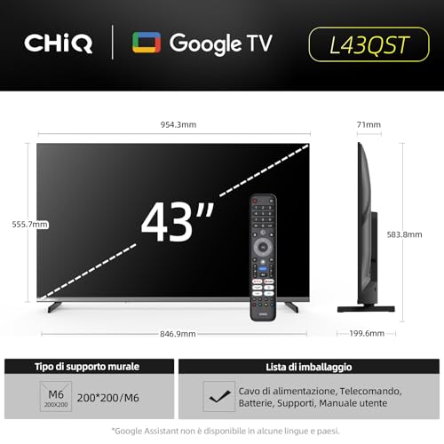 Chiq L43QST 43 Pollici (109Cm) Tv Qled Pro Smart Google Full Hd Tv - Design Metallo Senza Cornice, 90% DCI-P3, HDR10, Dolby Audio, Controllo Vocale - 2