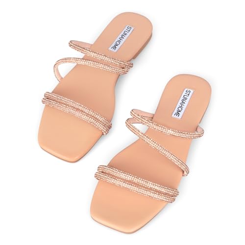 STUNAHOME Women's Rhinestone Thong Flat Sandals Open Toe Slide Sandals with Square Toe Bling Strap