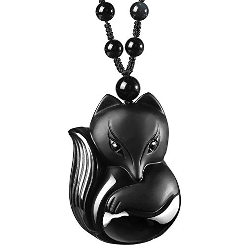 Jia Weimei Natural Black Obsidian Fox Necklace Healing Crystal Gemstone Necklaces Pendant Protection