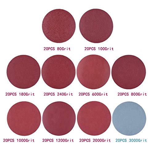 200PCS 3 inch Sanding Discs Hook Loop, VÉZAAR Orbital Sander Pad Headlight Restorations Sandpaper Backing Aluminum Oxide 80 100 180 240 600 800 1000 1200 2000 3000 Grit Assortments - Thumbnail 2