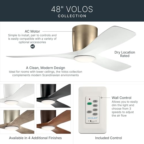 Image of Kichler Volos 48 inch Ceiling Fan With LED Light, Champagne Bronze, 300032CPZ | Wall Control, Contemporary Indoor Fan, Low Profile Ceiling Fan with Light