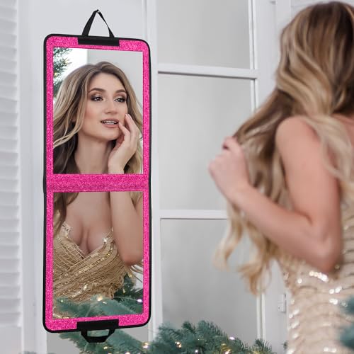 LPHUMEX Sparkle Hot Pink Folding Mirror 13”x33”, Foldable Full-Length Travel