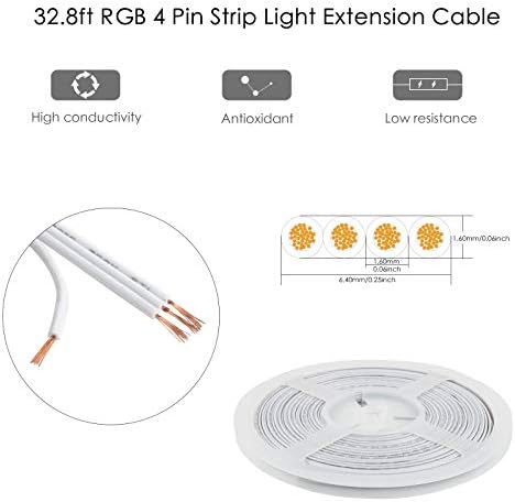 Aroidful 32.8ft/10M 4 Pin LED Strip Light Extension Cable, LED RGB Cable 22AWG, 4 Pin LED Wire RGB Strip Extension Cable for 5050 3528 2835 Strip Lights (White)