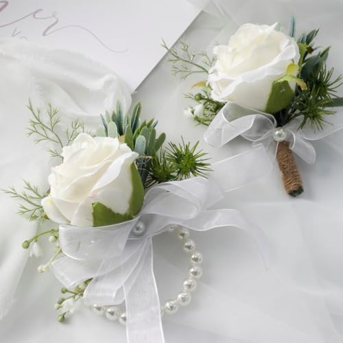 Floroom Ivory Rose Wrist Corsage Wristlet Band Bracelet and Men B...