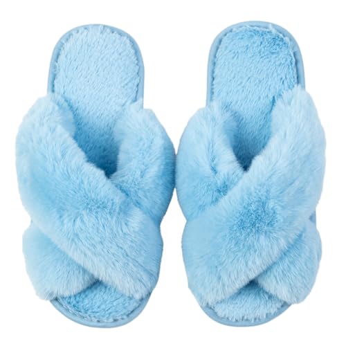 Image of Enteer Women's Slipper Memory Foam Cross Band Fuzzy Slippers Open Toe Cozy House Slippers Cozy Plush Bedroom Indoor Outdoor
