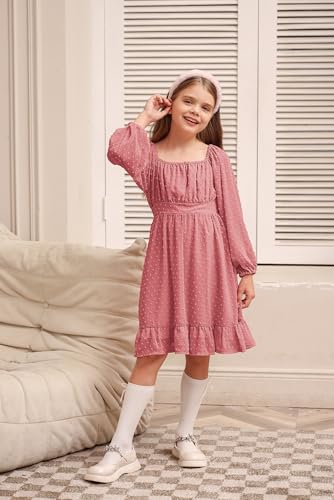 GRACE KARIN Girls Ruffle Tiered Dress Long Sleeve Swiss Dot Flowy A-Line Dress 6-14Y