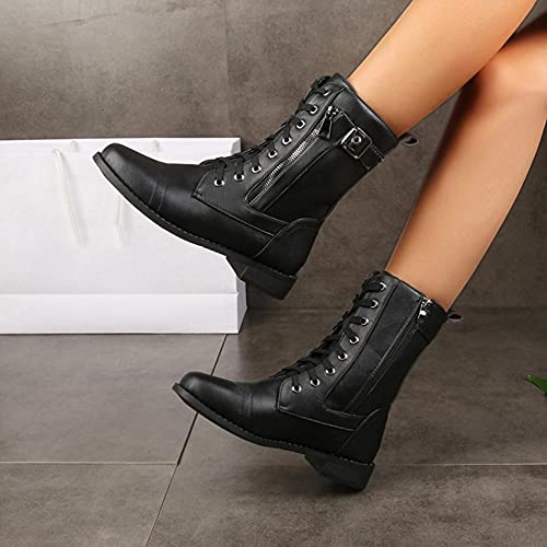 Hbeylia Combat Boots With Side Zipper For Women 2021 Fashion Casual Lace Up Leather Low Heels Ankle Booties Vintage Chunky Heeled Mid Calf Motorcycle Riding Tacticle Short Boots Winter Shoes3