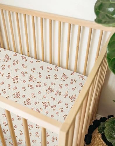 Image of Crib Sheets for Baby Boy Girl 2 Pack, Fitted Crib Mattress Sheet 28 inch x 52 inch, Muslin Toddler Bedding with Neutral Style, Nursery Bedding Essentials (Floral & Pink)