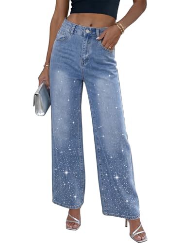 Rhinestone Jeans for Women High Waisted Wide Leg Baggy Y2K Sparkly Denim Pants for Country Concert Festival Night Out Party