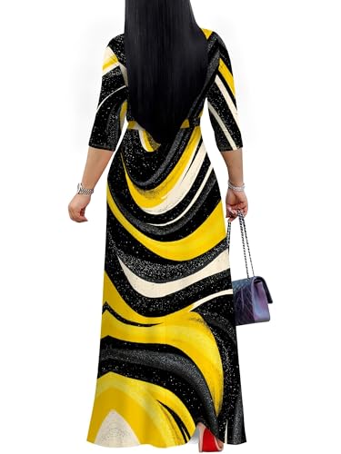 Image of Plus Size Dresses for Women Print Maxi Dresses 3 /4 Sleeve with Belt