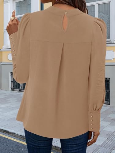 Magritta Puff Long Sleeve Shirts for Women Dressy Casual Fall Fashion Pleated Solid Color Blouse Fitted Mock Neck Tops4