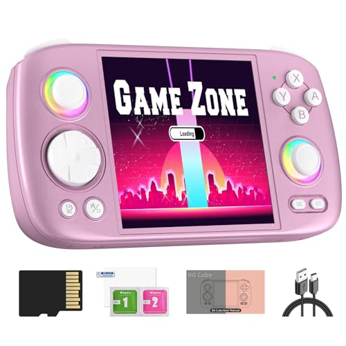 RGCube - Consola de juegos portátil Android 13, reproductor de juegos de 3.94 pulgadas, IPS de 128 GB, tarjeta TF, Unisoc T820 RGB iluminación (morado radiante)