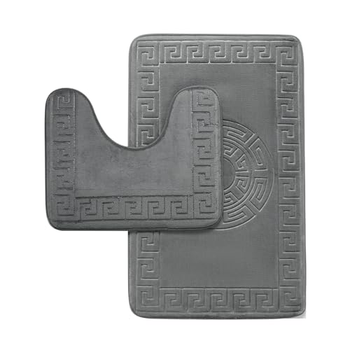 GC GAVENO CAVAILIA Memory Foam Bath Mat Non Slip - Extra Soft Highly Water Absorbent Bathroom Mat Sets 2 Piece - Greek Toilet Rug (50 x 80 cm) & Pedestal Set (50 x 40 cm) - Washable - Charcoal