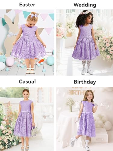 ALLOVIN Girls & Toddlers Sleeveless A-Line Lace Party Dress Birthday Wedding & Flower Girl Dress with Beaded Bowknot | Purple | 6-7Y — view 6