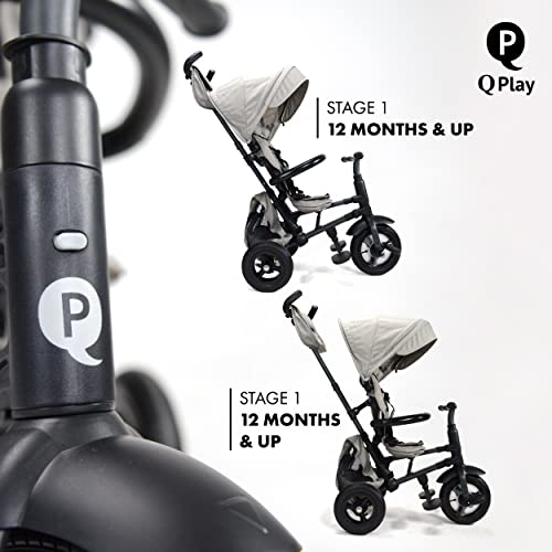 Image of POSH BABY & KIDS QPlay Rito Kids Tricycle with 3-Stages - Premium Toddler Tricycle Bike Featuring Easy Storage & Transportability, Safety Harness, Adjustable Canopy & Parent Handle (Ages 1-5, Grey)
