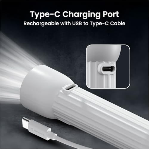 Image of Portronics Eco Glow Mini LED Torch Light with USB Rechargeable Battery, Compact Size Flashlight, Dual-Brightness Levels, SOS Emergency Light Mode, for Home, Outdoor, Camping, Travel (White)