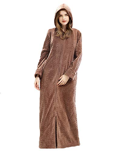 Shaoyao Bata y Albornoz para Hombre y Mujer,Franela Full-Length Plush Robe con Capucha y Cremallera Mujer Café L