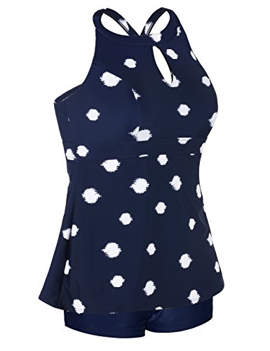 Septangle Womens Vintage Floral Print Tankini Set Tummy Control Beach Swimwear Keyhole Bathing Suit Swimwear A - line Swimming Suits,US 14,Navy Blue&White