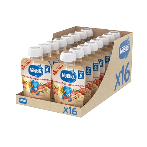 NESTLÉ Puré Manzana, Fresa, Plátano y Avena, para bebés a partir de 6 meses, 16 bolsitas de 90g