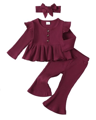Image of Toddler Baby Girl Clothes Fall/Winter Girls Outfits Ruffle Long Sleeve Tops Floral Flared Pants Girls' Clothing Sets