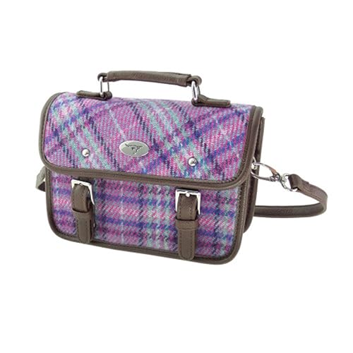 Image of Glen Appin Harris Tweed Bervie Mini Satchel Bag With Adjustable & Removable Shoulder Strap (Purple & Mint Check)
