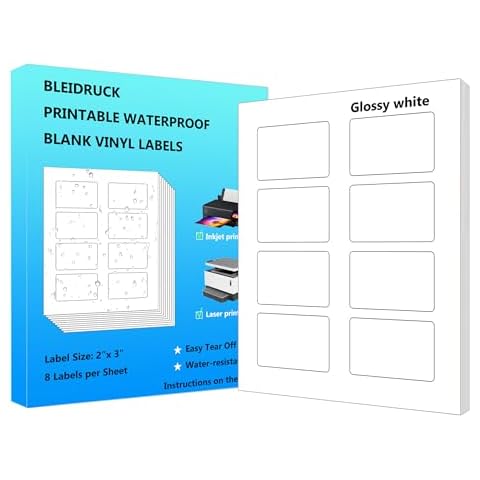 Glossy White Waterproof Bottle Labels, 2" x 3" 8 Up Vinyl Rectangle Lalebs for Laser or Inkjet Printers, 20 Sheets 160 Total Permanent Adhesive Labels Cover