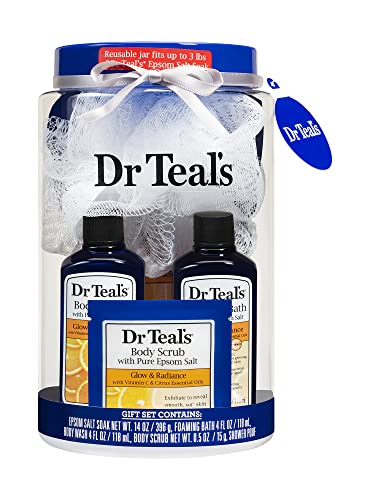 Dr Teal's 6-Piece Bath Gift Set With Reusable Container: Vitamin C And Citrus 14 Oz Epsom Salt, 4 Fl Oz Foaming Bath, 4 Fl Oz Body Wash, 0.5 Oz Body Scrub, And Shower Pouf #TOP6