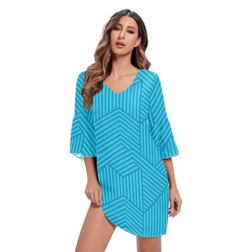 Robe d'été légère fluide imprimée bleu avec décolleté chic