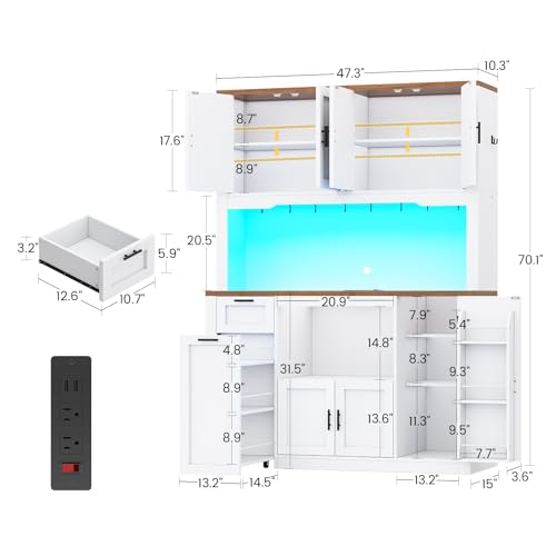 Image of Itaar 71 inch Pantry Cabinet with Charging Station and LED Light, Kitchen Pantry Cabinet with Microwave Stand, 47.2 inch Wide Kitchen Storage Cabinets with Storage Cart 3 Tier for Dining Room, White