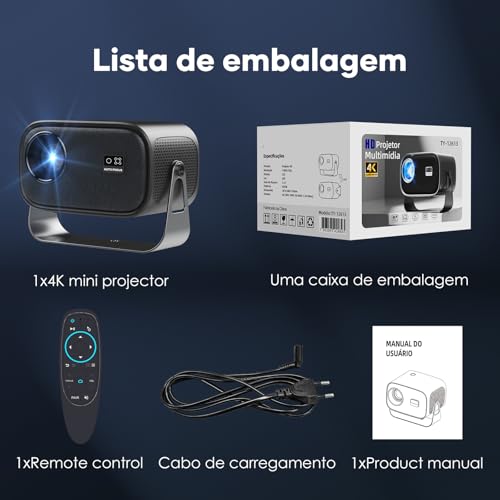 Projetor 4K, Android 11, Wi-Fi 5G/2.4G, Bluetooth 5.0, 9000 Lumens, Correção e Foco Automático, Rota
