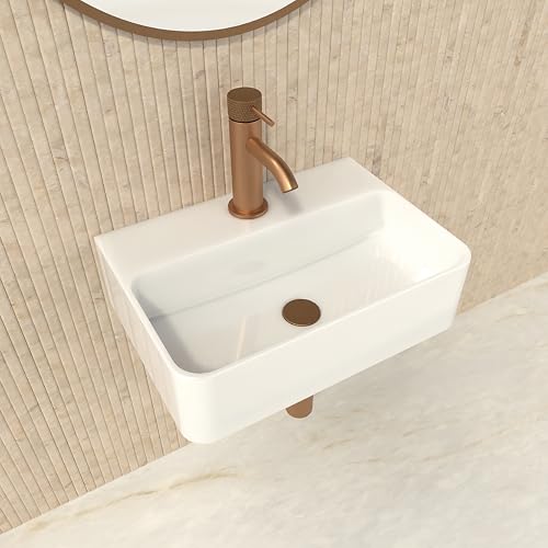 HOGART lavabo pequeño baño 37x26cm con seno a la derecha, lavabo de cerámica blanco rectangular, lavabo suspendido pared o sobre encimera, con orificio para grifo, sin rebosadero, ideal aseo invitados