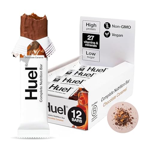 Huel Complete Nutrition Vegan Protein Bars | Chocolate Caramel | 13g Protein | 27 Vitamins & Minerals, 2g Sugar, Non-GMO, 100% Plant Based Snack | 12 Pack