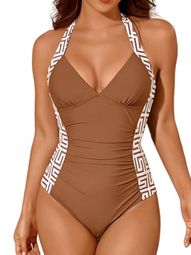 Women's Halter Tummy Control Swimsuit, Modest V-Neck Slimming Color Block, One Piece Summer Vacation Bathing Suit