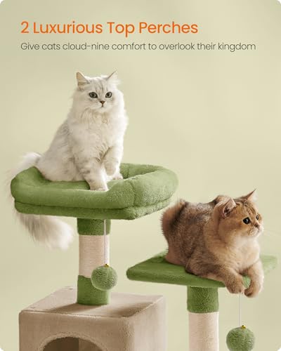 Image of Feandrea Cat Tree, 59.5-Inch Tall Cat Tower, Plush Multi-Level Condo with 5 Scratching Posts, 2 Perches, 2 Caves, Hammock, 2 Pompoms, Grass Green and Camel Brown UPCT192C03