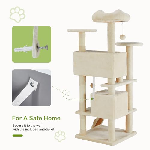 DUMOS 54-inch Indoor Cat Tree Tower –Multi-Level Pet House for Large Cats with 2 Condos, Scratching Posts, Round Platform, Small Ladder, and Toys, Beige - Image 6