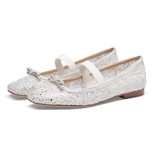 miss left Women Unique Square Toe Lace Floral Mary Jane Flats Studded Rhinestone Elastic Single Strap Ballet Flats Wedding Prom Dressy Shoes Size 4-16 US2