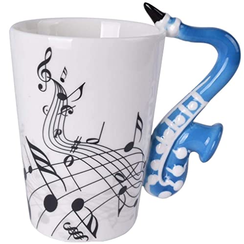 eKsdf Keramiktasse Musik Motiv Kaffeebecher mit Saxophon Henkel Lustige Teetasse Porzellan Tasse Keramik Kaffee Becher Geschenk für Freunde Kollegen (Blau) Cover