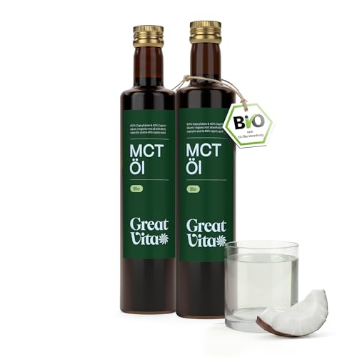 GreatVita Bio MCT Öl auf Kokosölbasis 2x 500 ml | 60% Caprylsäure (C8) & 40% Caprinsäure (C10) Fettsäuren | 100% reines MCT Oil geschmacksneutral - Zuckerfrei GVO-frei