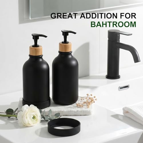 Image of KASUNTING Hand Soap Dispenser Bathroom with Anti-Slip Silicone Boot, Black Dish Soap Dispenser for Kitchen, 2 Pack 17 Fl Oz Plastic Hand and Dish Soap Dispensers Set with Bamboo Pump