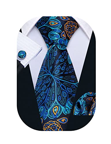 Barry.Wang Flower Ties for Men Handkerchief Cufflinks Set Wedding Necktie Set Party