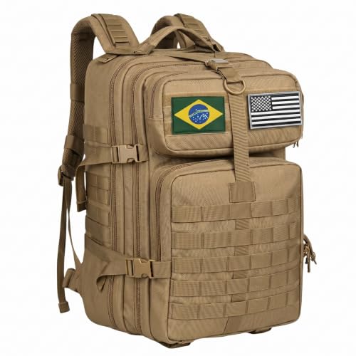 Mochila Tática Militar 50L Sistema MOLLE, Compartimento para Notebook, Impermeável e Resistente – Para Trilhas, Acampamentos, Uso Urbano e Situações de Emergência (Bege)
