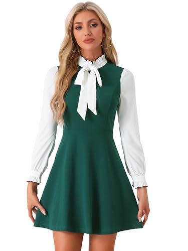 Image of Allegra K Tie Neck Dresses for Women's 1960s Vintage Long Sleeve Contrast Color Dress