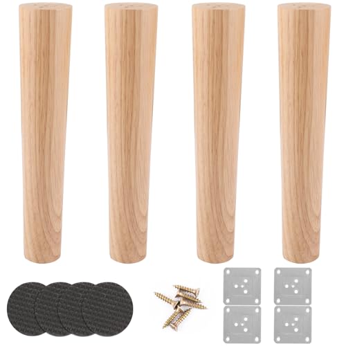 AKOLAFE Patas de Madera de Roble para Muebles, 25 cm, Robustas y Redondas Con Placas de Montaje y Tornillos para Sofá, Cama, Armario