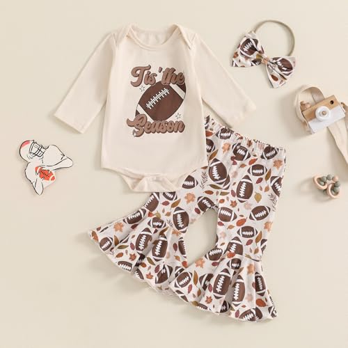 Newborn Baby Girl Football Outfit Tis the Season Football Romper Flared Pants Set 3Pcs Infant Fall Clothes2