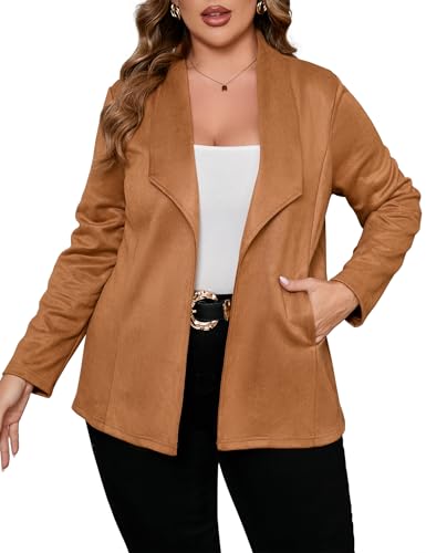 KOJOOIN Women Plus Size Faux Suede Jacket Cardigan Open Front Lapel Long Sleeves Cozy Blazer Coat with Pockets