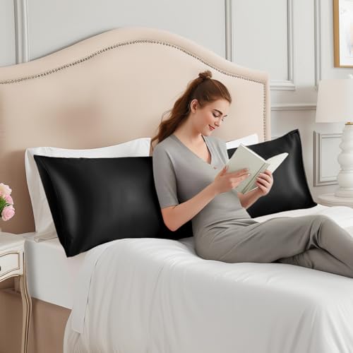 Image of INFIIXSO Body Pillow Cover with Zipper, Luxury Mulberry Silk Long Body Pillow Case 20x54 Inches, Ultra Smooth and Soft Cooling Body Pillow Pillowcase, Gift for Women, Men(Black)