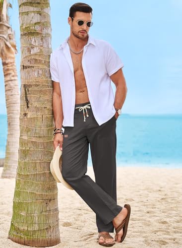 Elegancity Leinenhose Herren Sommerhose Yogahose Leichte Baggy Jogginghose Lang Stoffhose Herrenhosen Urlaub Freizeithose mit Kordelzug und Taschen Grau XL