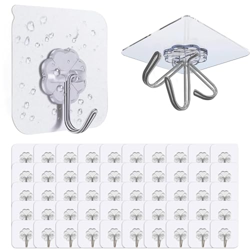 Rhimooay 50 Stück Haken Selbstklebend, Klebehaken Extra Stark Haken ohne Bohren, Wandhaken Selbstklebend, Klebehaken Transparent für Küche Badezimmer Wand & Decke Aufhänger, Max 10kg